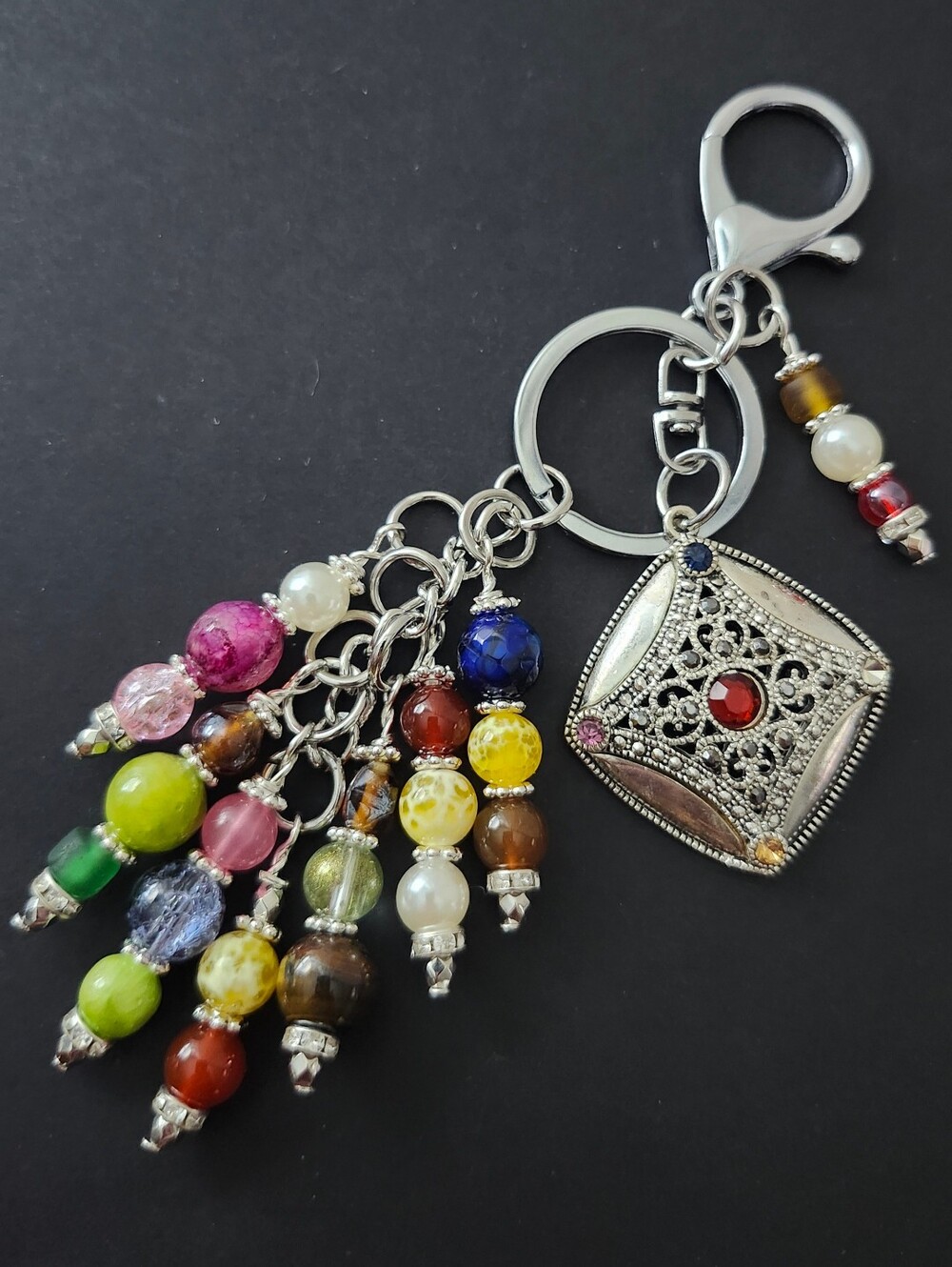 Filigree Pendant Purse Charm or Keychain Carnelian Jade Jasper Handcrafted
